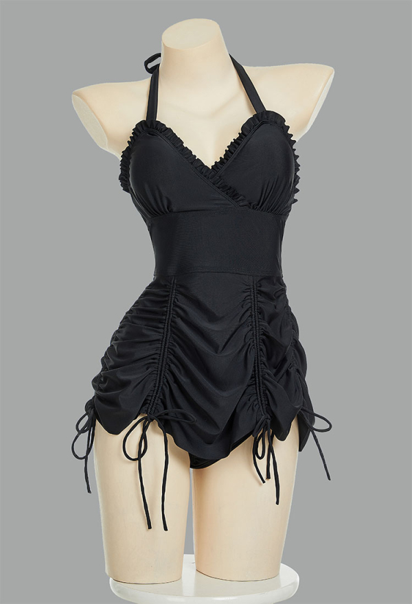Timeless Abyss Gothic Black Vintage Style Two-Piece Swimsuit Drawstring Design Dress and Bottom Bathing Suit