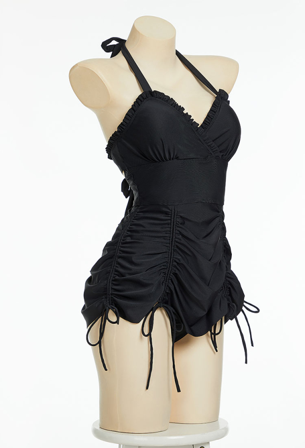 Timeless Abyss Gothic Black Vintage Style Two-Piece Swimsuit Drawstring Design Dress and Bottom Bathing Suit
