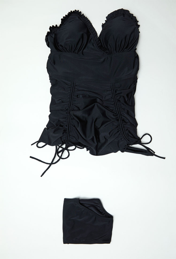 Timeless Abyss Gothic Black Vintage Style Two-Piece Swimsuit Drawstring Design Dress and Bottom Bathing Suit