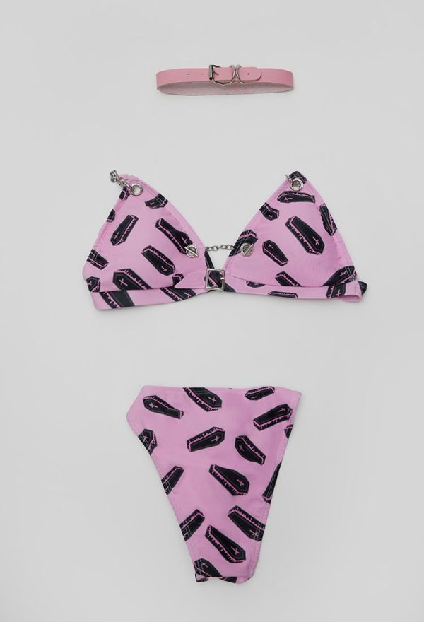 Buried Beauty Gothic Coffin Pattern Two-Piece Swimsuit Pink Bikini Set Punk Style Bathing Suit with Choker