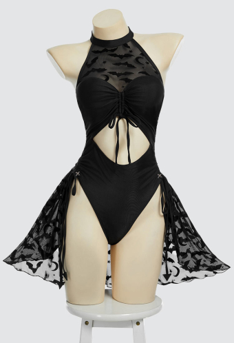 Nocturnal Waves Gothic Black Bat One Piece Swimsuit Halter See-Through Bathing Suit with Detachable Skirt