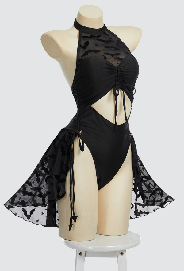 Nocturnal Waves Gothic Black Bat One Piece Swimsuit Halter See-Through Bathing Suit with Detachable Skirt
