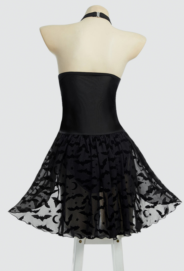 Nocturnal Waves Gothic Black Bat One Piece Swimsuit Halter See-Through Bathing Suit with Detachable Skirt