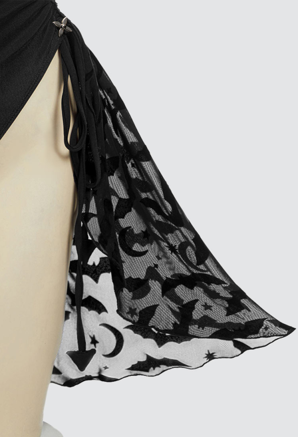 Nocturnal Waves Gothic Black Bat One Piece Swimsuit Halter See-Through Bathing Suit with Detachable Skirt