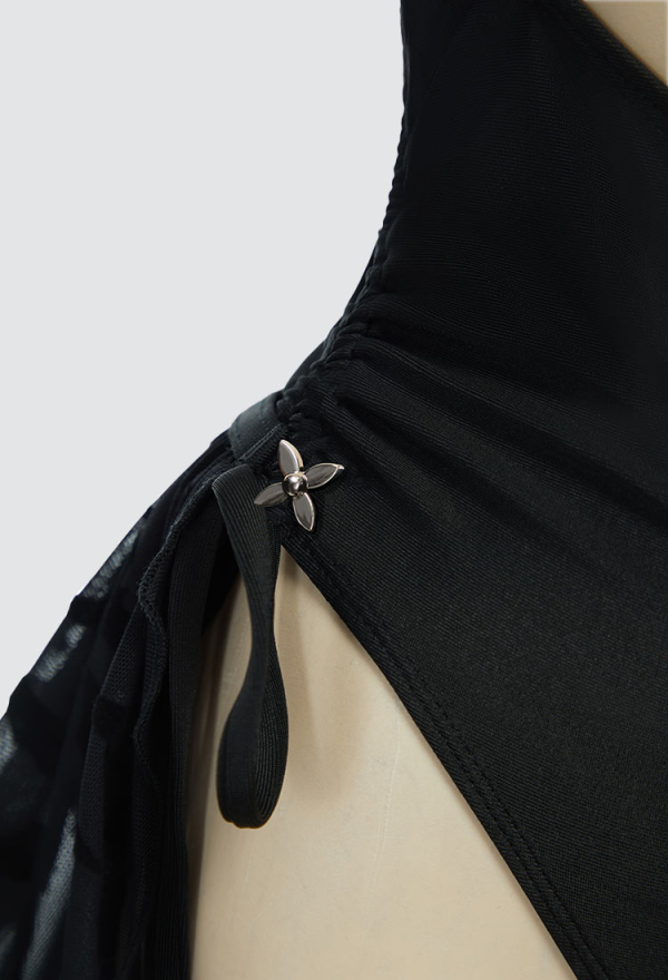 Nocturnal Waves Gothic Black Bat One Piece Swimsuit Halter See-Through Bathing Suit with Detachable Skirt
