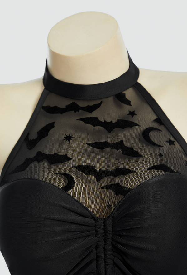 Nocturnal Waves Gothic Black Bat One Piece Swimsuit Halter See-Through Bathing Suit with Detachable Skirt
