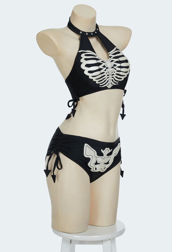Bone To Be Wild Gothic Black Skull Print Two-Piece Swimsuit Halter Top and Briefs Bikini Set Bathing Suit Bone To Be Wild Gothic Black Skull Print Two-Piece Swimsuit Halter Top and Briefs Bikini Set Bathing Suit