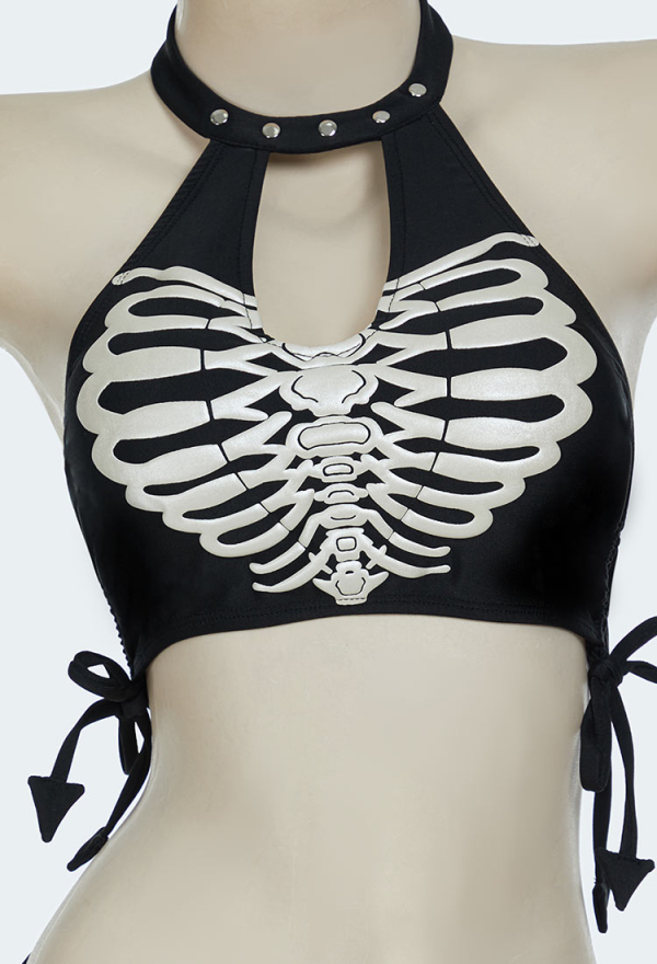 Bone To Be Wild Gothic Black Skull Print Two-Piece Swimsuit Halter Top and Briefs Bikini Set Bathing Suit Bone To Be Wild Gothic Black Skull Print Two-Piece Swimsuit Halter Top and Briefs Bikini Set Bathing Suit