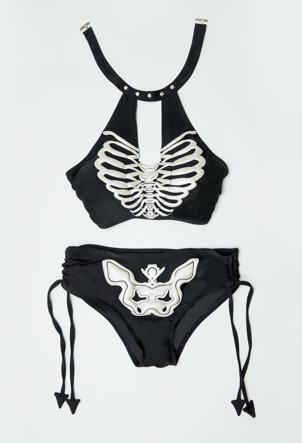 Bone To Be Wild Gothic Black Skull Print Two-Piece Swimsuit Halter Top and Briefs Bikini Set Bathing Suit Bone To Be Wild Gothic Black Skull Print Two-Piece Swimsuit Halter Top and Briefs Bikini Set Bathing Suit
