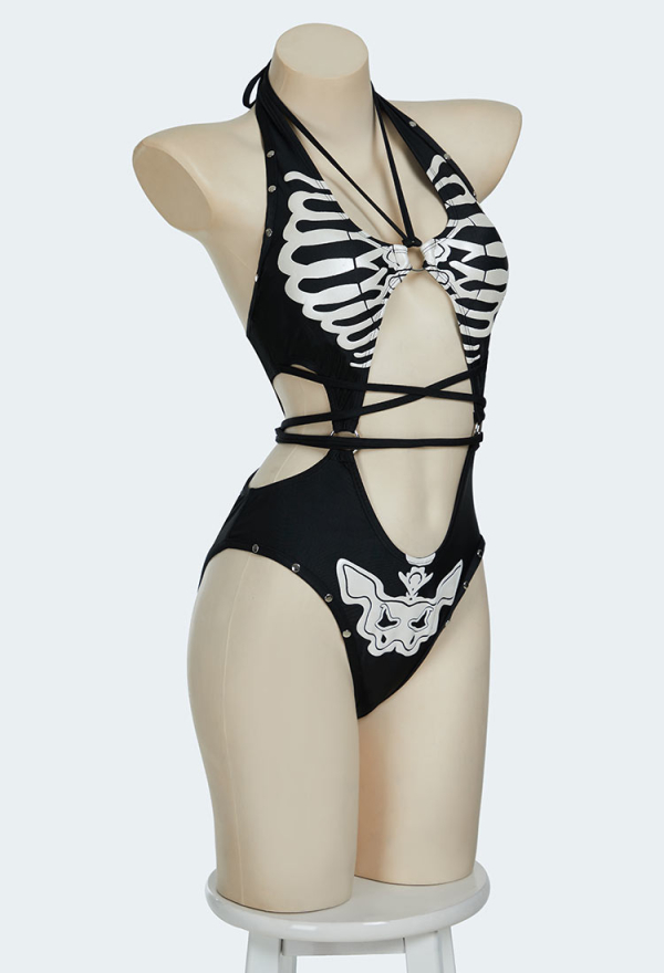 Bone To Be Wild Gothic Black Skull Print One Piece Swimsuit Halter Cutout One Piece Bathing Suit Bodysuit Swimwear