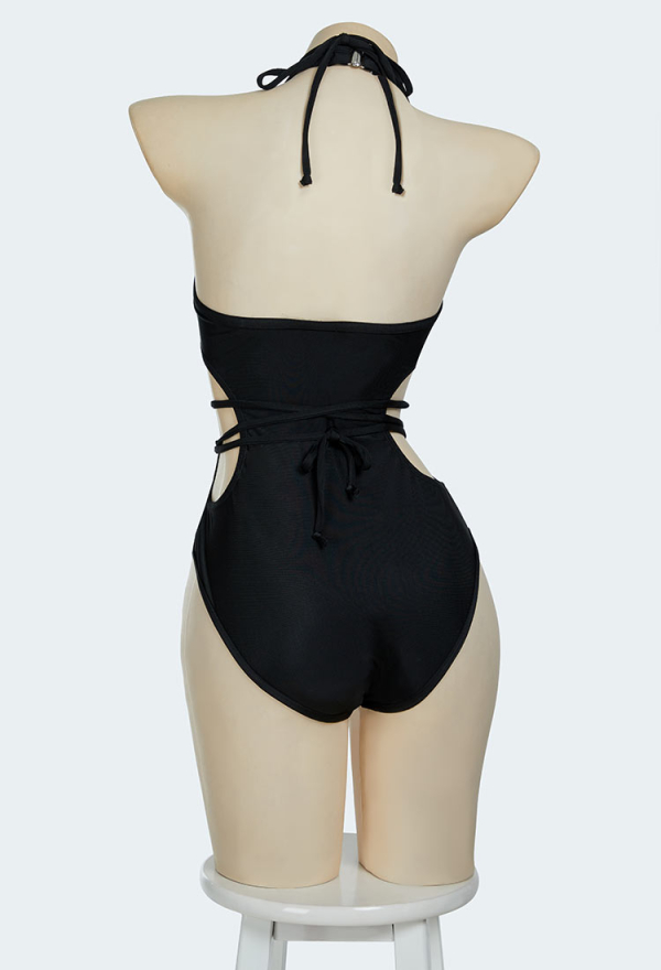 Bone To Be Wild Gothic Black Skull Print One Piece Swimsuit Halter Cutout One Piece Bathing Suit Bodysuit Swimwear