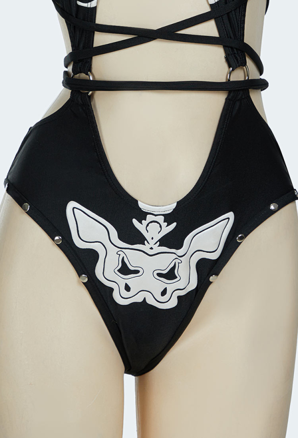 Bone To Be Wild Gothic Black Skull Print One Piece Swimsuit Halter Cutout One Piece Bathing Suit Bodysuit Swimwear