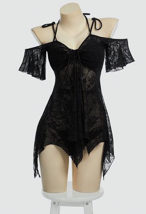 Timeless Abyss Gothic Black Bikini Set with Cover-up Dress Two-Piece Swimsuit with Cross Floral Pattern Outer Dress