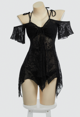Timeless Abyss Gothic Black Bikini Set with Cover-up Dress Two-Piece Swimsuit with Cross Floral Pattern Outer Dress