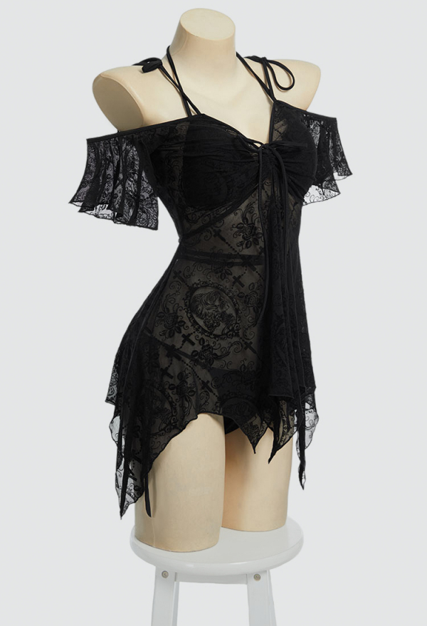 Timeless Abyss Gothic Black Bikini Set with Cover-up Dress Two-Piece Swimsuit with Cross Floral Pattern Outer Dress Timeless Abyss Gothic Black Bikini Set with Cover-up Dress Two-Piece Swimsuit with Cross Floral Pattern Outer Dress