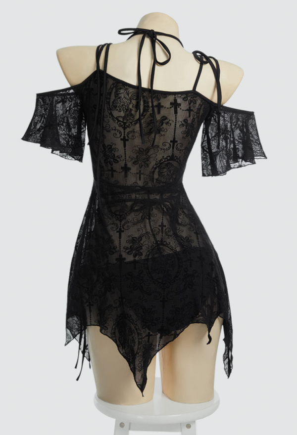 Timeless Abyss Gothic Black Bikini Set with Cover-up Dress Two-Piece Swimsuit with Cross Floral Pattern Outer Dress Timeless Abyss Gothic Black Bikini Set with Cover-up Dress Two-Piece Swimsuit with Cross Floral Pattern Outer Dress