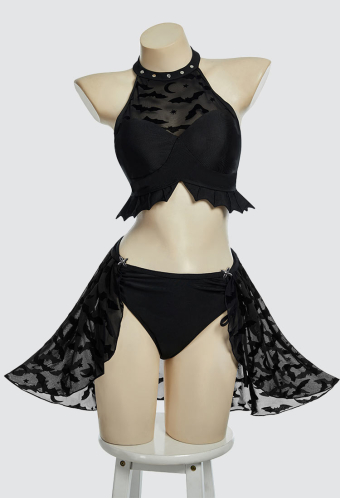 Nocturnal Waves Gothic Black Bat Two-piece Swimsuit Halter Top Bathing Suit with Detachable Skirt
