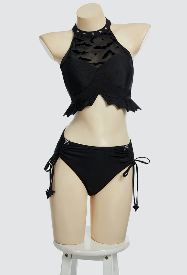 Nocturnal Waves Gothic Black Bat Two-piece Swimsuit Halter Top Bathing Suit with Detachable Skirt Nocturnal Waves Gothic Black Bat Two-piece Swimsuit Halter Top Bathing Suit with Detachable Skirt