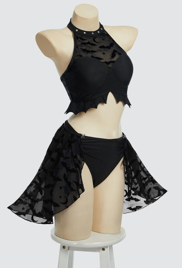 Nocturnal Waves Gothic Black Bat Two-piece Swimsuit Halter Top Bathing Suit with Detachable Skirt Nocturnal Waves Gothic Black Bat Two-piece Swimsuit Halter Top Bathing Suit with Detachable Skirt
