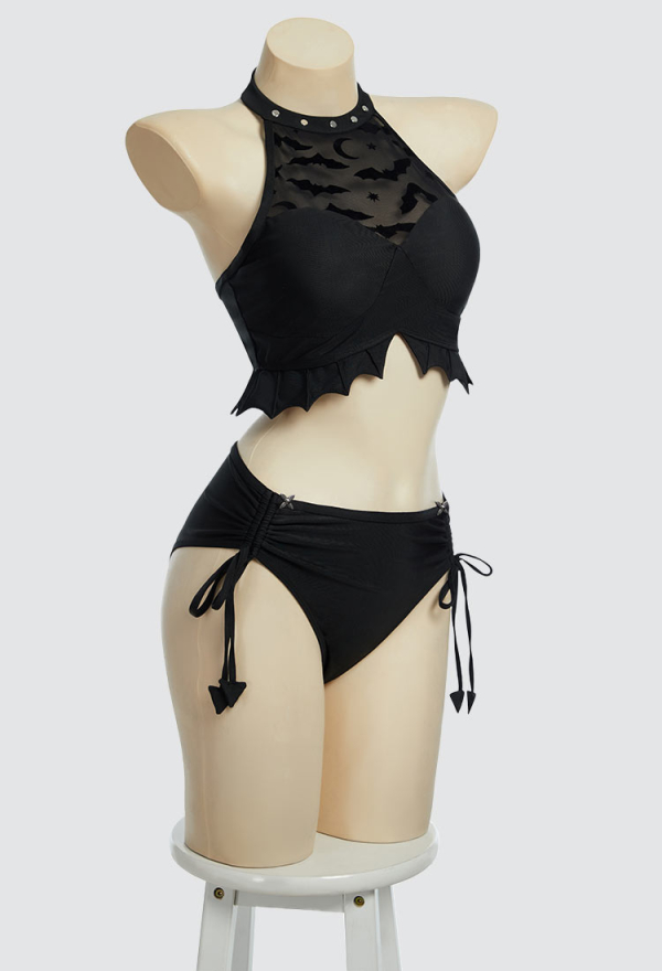 Nocturnal Waves Gothic Black Bat Two-piece Swimsuit Halter Top Bathing Suit with Detachable Skirt Nocturnal Waves Gothic Black Bat Two-piece Swimsuit Halter Top Bathing Suit with Detachable Skirt