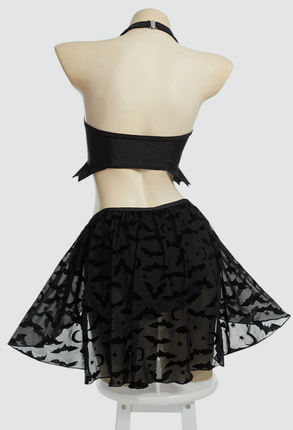 Nocturnal Waves Gothic Black Bat Two-piece Swimsuit Halter Top Bathing Suit with Detachable Skirt Nocturnal Waves Gothic Black Bat Two-piece Swimsuit Halter Top Bathing Suit with Detachable Skirt