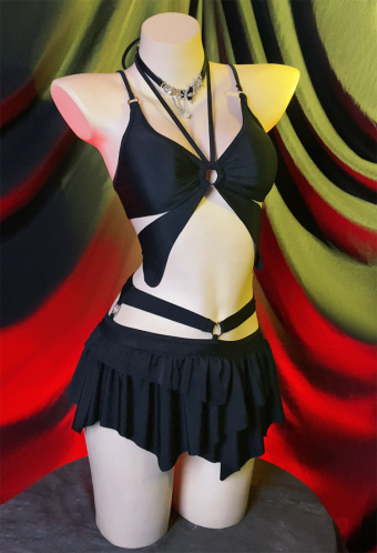 Wings of Summer Gothic Black Butterfly Styled Two-Piece Swimsuit Bikini Set Halter Top and Culottes Bathing Suit with Necklace
