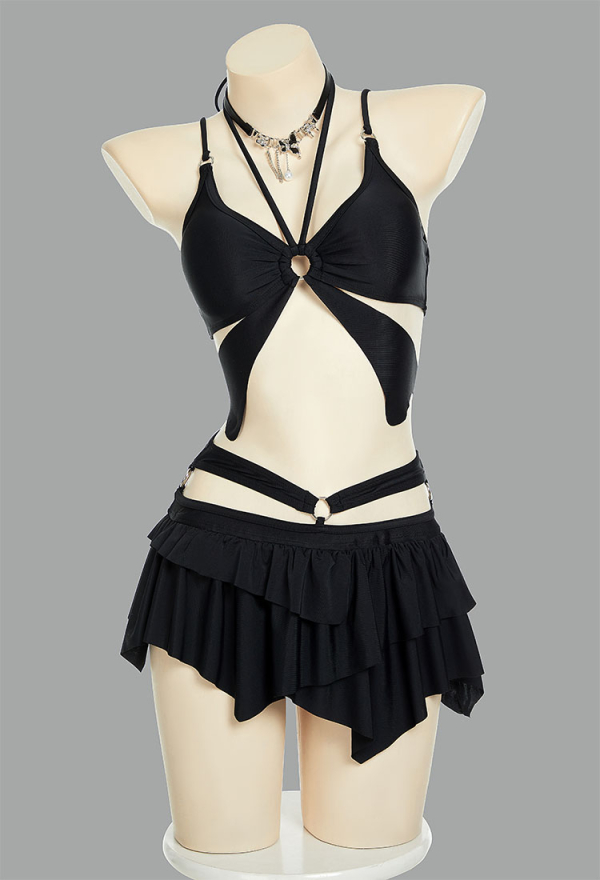 Wings of Summer Gothic Black Butterfly Styled Two-Piece Swimsuit Bikini Set Halter Top and Culottes Bathing Suit with Necklace Wings of Summer Gothic Black Butterfly Styled Two-Piece Swimsuit Bikini Set Halter Top and Culottes Bathing Suit with Necklace