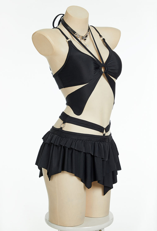 Wings of Summer Gothic Black Butterfly Styled Two-Piece Swimsuit Bikini Set Halter Top and Culottes Bathing Suit with Necklace Wings of Summer Gothic Black Butterfly Styled Two-Piece Swimsuit Bikini Set Halter Top and Culottes Bathing Suit with Necklace