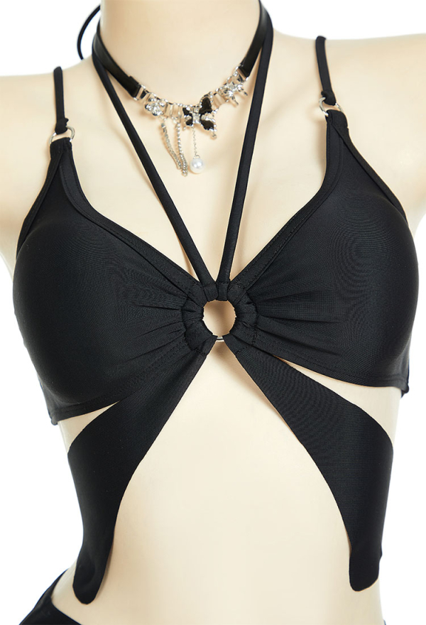 Wings of Summer Gothic Black Butterfly Styled Two-Piece Swimsuit Bikini Set Halter Top and Culottes Bathing Suit with Necklace Wings of Summer Gothic Black Butterfly Styled Two-Piece Swimsuit Bikini Set Halter Top and Culottes Bathing Suit with Necklace