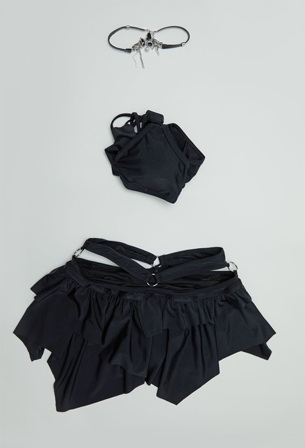 Wings of Summer Gothic Black Butterfly Styled Two-Piece Swimsuit Bikini Set Halter Top and Culottes Bathing Suit with Necklace Wings of Summer Gothic Black Butterfly Styled Two-Piece Swimsuit Bikini Set Halter Top and Culottes Bathing Suit with Necklace