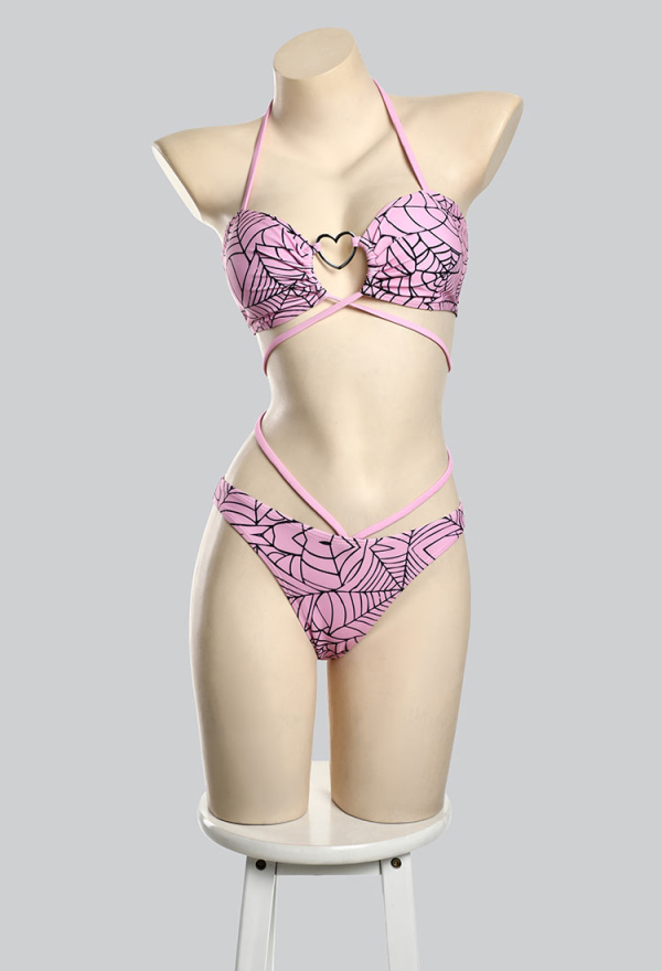 Pretty Crawler Gothic Pink Swimsuit Spider Web Design Bikini Set Heart Buckle Top and Triangle Bottom
