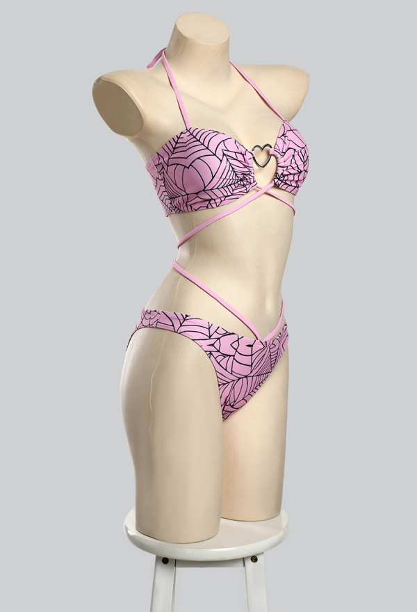 Pretty Crawler Gothic Pink Swimsuit Spider Web Design Bikini Set Heart Buckle Top and Triangle Bottom