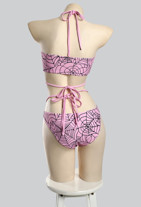 Pretty Crawler Gothic Pink Swimsuit Spider Web Design Bikini Set Heart Buckle Top and Triangle Bottom