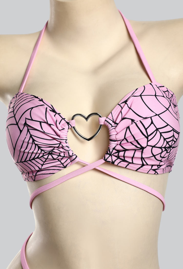 Pretty Crawler Gothic Pink Swimsuit Spider Web Design Bikini Set Heart Buckle Top and Triangle Bottom