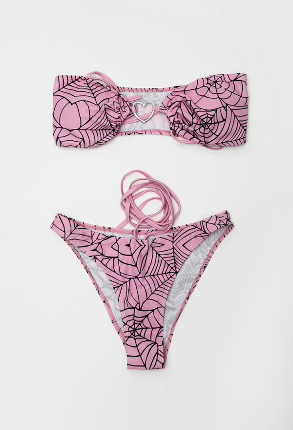 Pretty Crawler Gothic Pink Swimsuit Spider Web Design Bikini Set Heart Buckle Top and Triangle Bottom