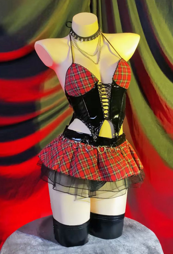Miss Misa Gothic Little Devil Lingerie Set Black Red Plaid Hollow Out Deep V Top and Skirt with Stockings Miss Misa Gothic Little Devil Lingerie Set Black Red Plaid Hollow Out Deep V Top and Skirt with Stockings