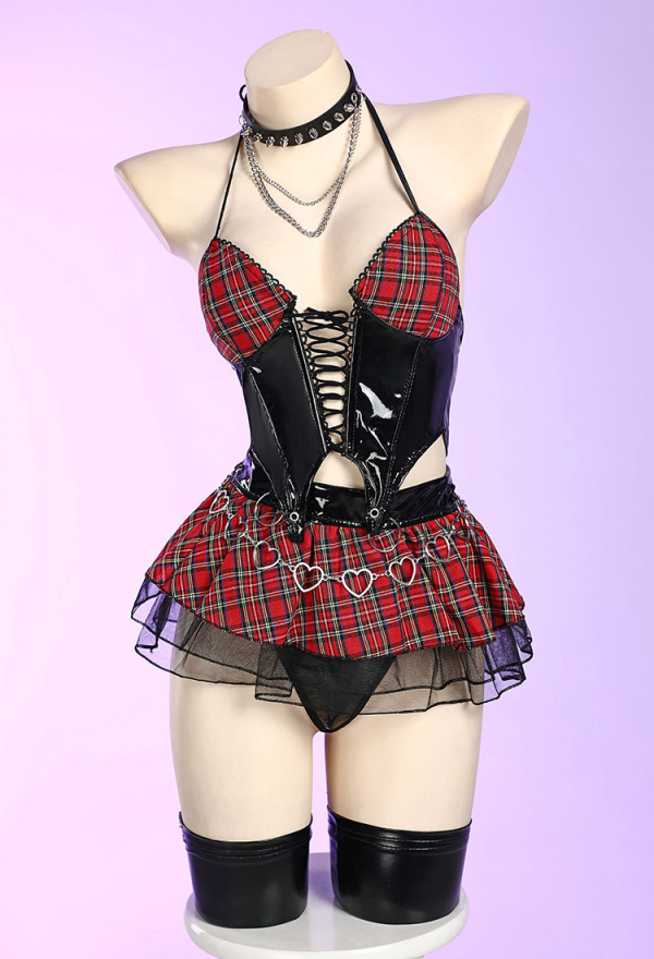 Miss Misa Gothic Little Devil Lingerie Set Black Red Plaid Hollow Out Deep V Top and Skirt with Stockings Miss Misa Gothic Little Devil Lingerie Set Black Red Plaid Hollow Out Deep V Top and Skirt with Stockings
