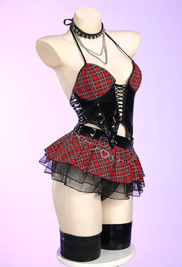 Miss Misa Gothic Little Devil Lingerie Set Black Red Plaid Hollow Out Deep V Top and Skirt with Stockings Miss Misa Gothic Little Devil Lingerie Set Black Red Plaid Hollow Out Deep V Top and Skirt with Stockings