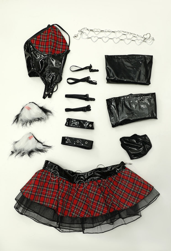 Miss Misa Gothic Little Devil Lingerie Set Black Red Plaid Hollow Out Deep V Top and Skirt with Stockings Miss Misa Gothic Little Devil Lingerie Set Black Red Plaid Hollow Out Deep V Top and Skirt with Stockings