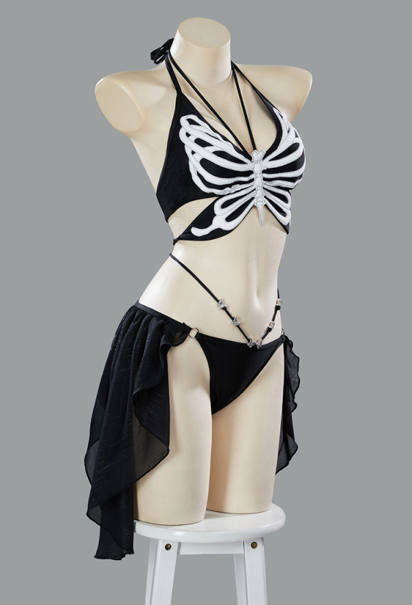 Wings of Summer Gothic Black Butterfly Bone Pattern Swimsuit Two-Piece Dark Style Top and Culottes Bathing Suit Wings of Summer Gothic Black Butterfly Bone Pattern Swimsuit Two-Piece Dark Style Top and Culottes Bathing Suit