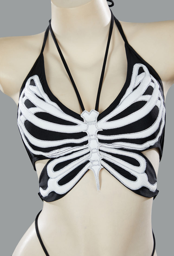 Wings of Summer Gothic Black Butterfly Bone Pattern Swimsuit Two-Piece Dark Style Top and Culottes Bathing Suit Wings of Summer Gothic Black Butterfly Bone Pattern Swimsuit Two-Piece Dark Style Top and Culottes Bathing Suit