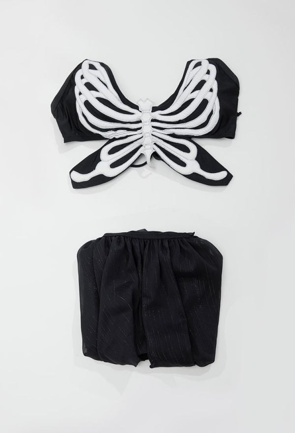 Wings of Summer Gothic Black Butterfly Bone Pattern Swimsuit Two-Piece Dark Style Top and Culottes Bathing Suit Wings of Summer Gothic Black Butterfly Bone Pattern Swimsuit Two-Piece Dark Style Top and Culottes Bathing Suit