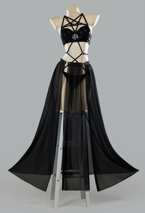 Ember Edge Gothic Black Bandage Bathing Suit Halter One Piece Swimsuit with Split Skirt Ember Edge Gothic Black Bandage Bathing Suit Halter One Piece Swimsuit with Split Skirt