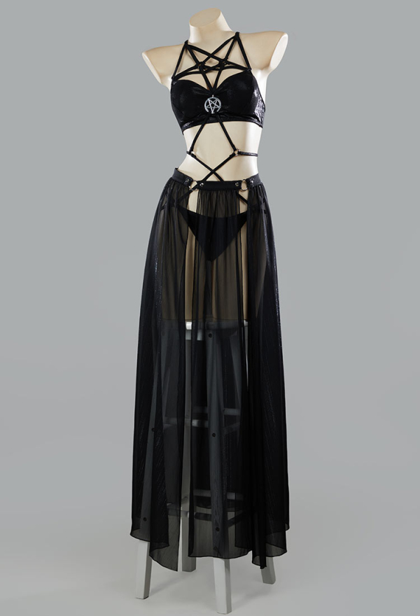 Ember Edge Gothic Black Bandage Bathing Suit Halter One Piece Swimsuit with Split Skirt Ember Edge Gothic Black Bandage Bathing Suit Halter One Piece Swimsuit with Split Skirt