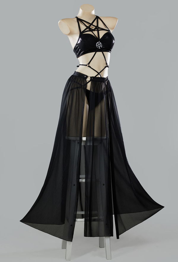 Ember Edge Gothic Black Bandage Bathing Suit Halter One Piece Swimsuit with Split Skirt Ember Edge Gothic Black Bandage Bathing Suit Halter One Piece Swimsuit with Split Skirt