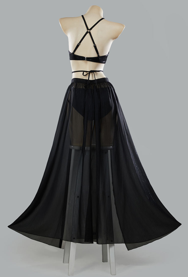 Ember Edge Gothic Black Bandage Bathing Suit Halter One Piece Swimsuit with Split Skirt Ember Edge Gothic Black Bandage Bathing Suit Halter One Piece Swimsuit with Split Skirt