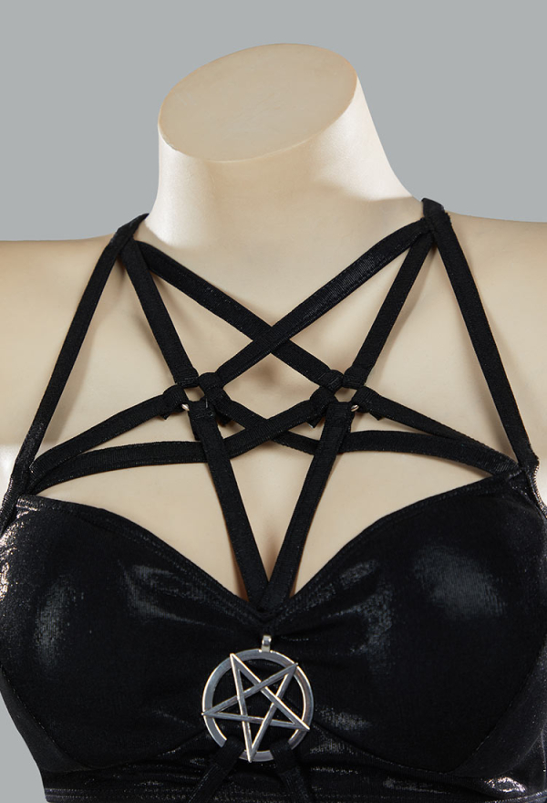 Ember Edge Gothic Black Bandage Bathing Suit Halter One Piece Swimsuit with Split Skirt Ember Edge Gothic Black Bandage Bathing Suit Halter One Piece Swimsuit with Split Skirt
