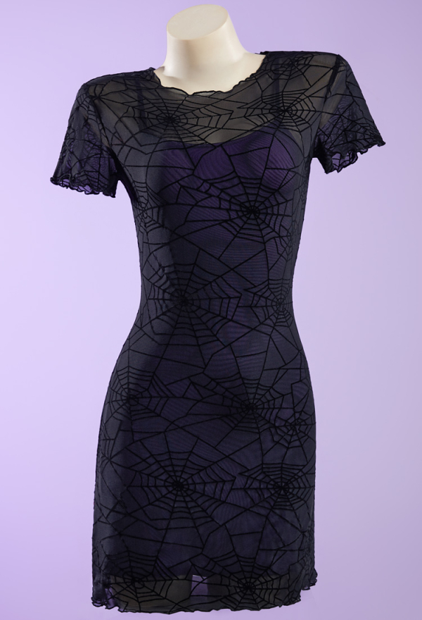 Gothic Black Purple Dress Set Sheer Spiderweb Pattern Dress with Strappy Top and Gloves Gothic Black Purple Dress Set Sheer Spiderweb Pattern Dress with Strappy Top and Gloves