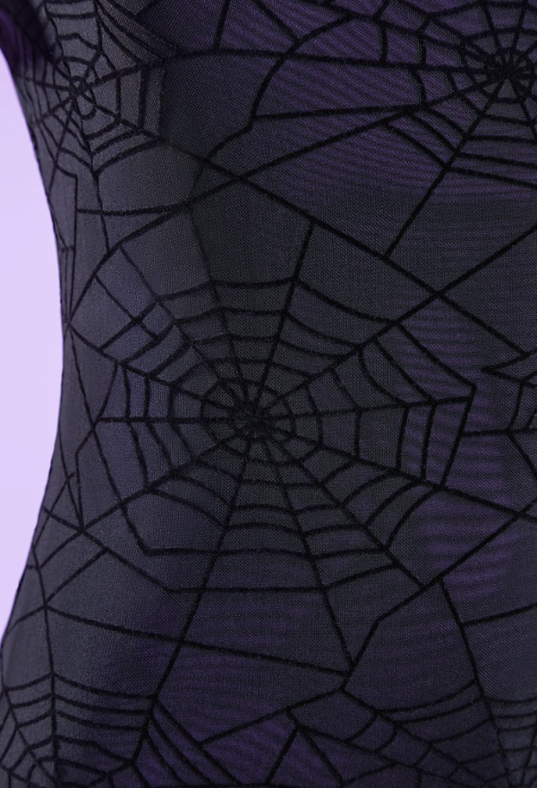 Gothic Black Purple Dress Set Sheer Spiderweb Pattern Dress with Strappy Top and Gloves Gothic Black Purple Dress Set Sheer Spiderweb Pattern Dress with Strappy Top and Gloves