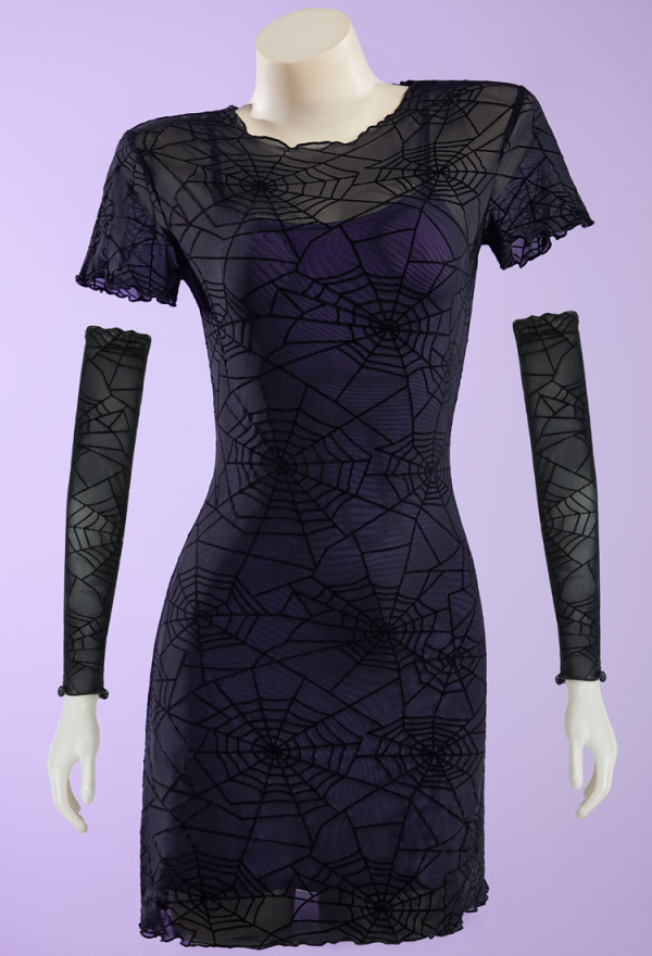 Gothic Black Purple Dress Set Sheer Spiderweb Pattern Dress with Strappy Top and Gloves Gothic Black Purple Dress Set Sheer Spiderweb Pattern Dress with Strappy Top and Gloves